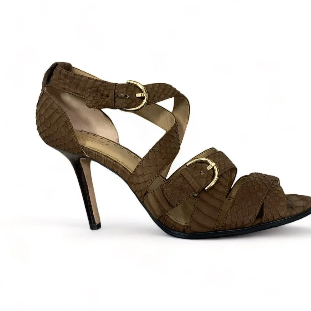 COACH Fawn Strappy Sandals Stiletto Heel Brown Snakeskin Print Leather Sz 9.5 B
